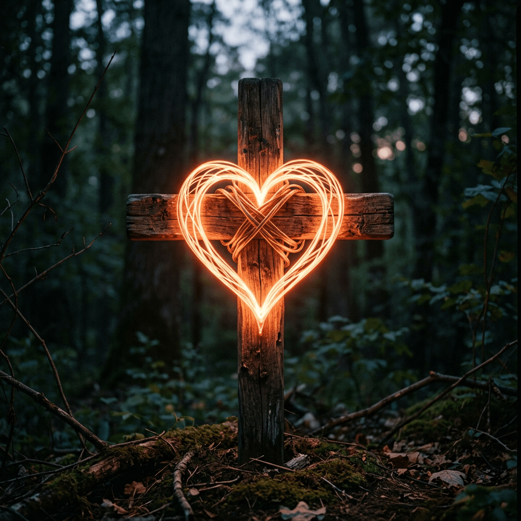 Wooden cross in forest with glowing heart-shaped light around center